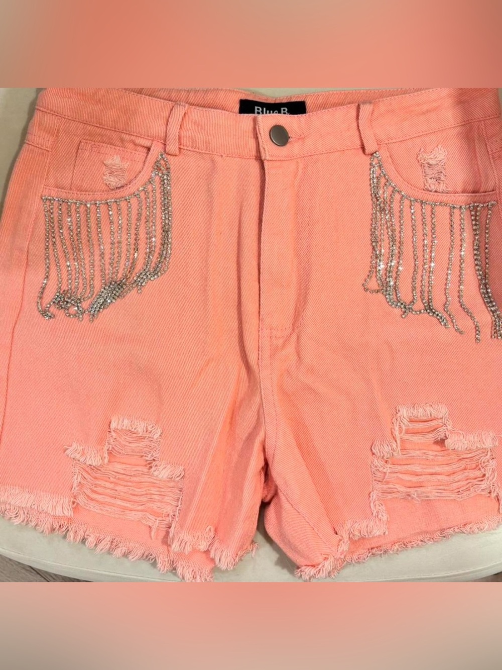 Pink Rhinestone Fringe Denim Shorts – M